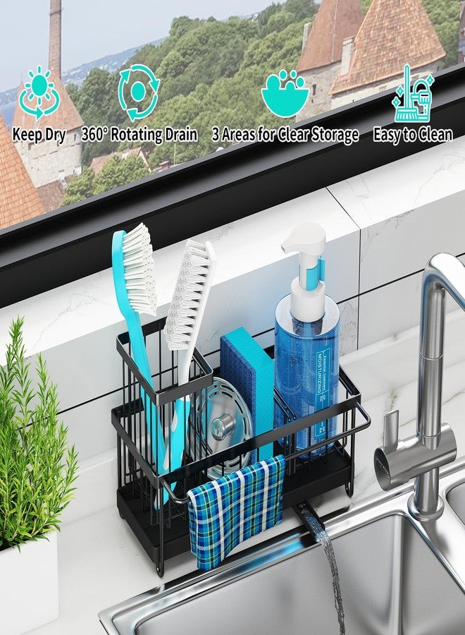 Godboat Sponge Holder for Kitchen Sink - Stainless Steel Sink Caddy Organizer with Towel & Brush Rack, Auto-Drain & 360° Swivel Spout, Bathroom Organizer for Soap Dispenser, Black (9.25" W X 4.1" D) - Image 5